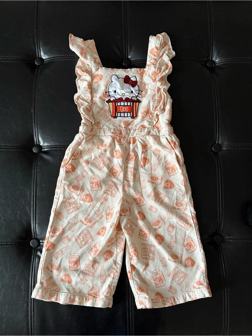 Hello Kitty Boxlunch Cream Overalls with Peach Print and Popcorn Patch